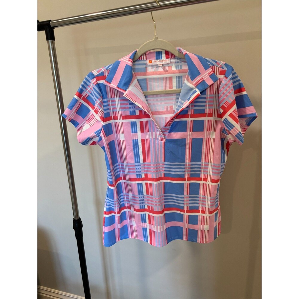 NWOT Jude Connally Collared Top Preppy Pink Blue Plaid Jude Cloth Athleisure